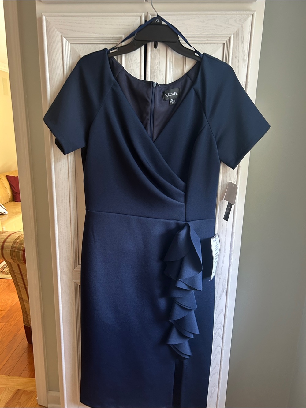 Xscape Navy Faux-Wrap Ruffle Sheath Dress